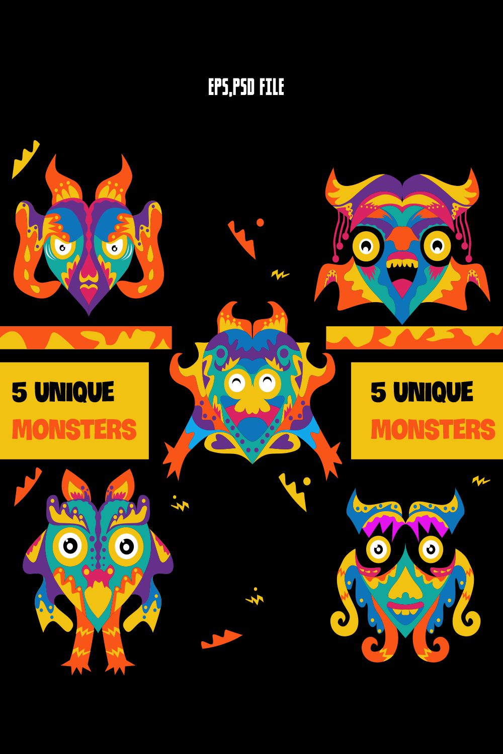 5 Unique Monster Vectors 4$ pinterest preview image.