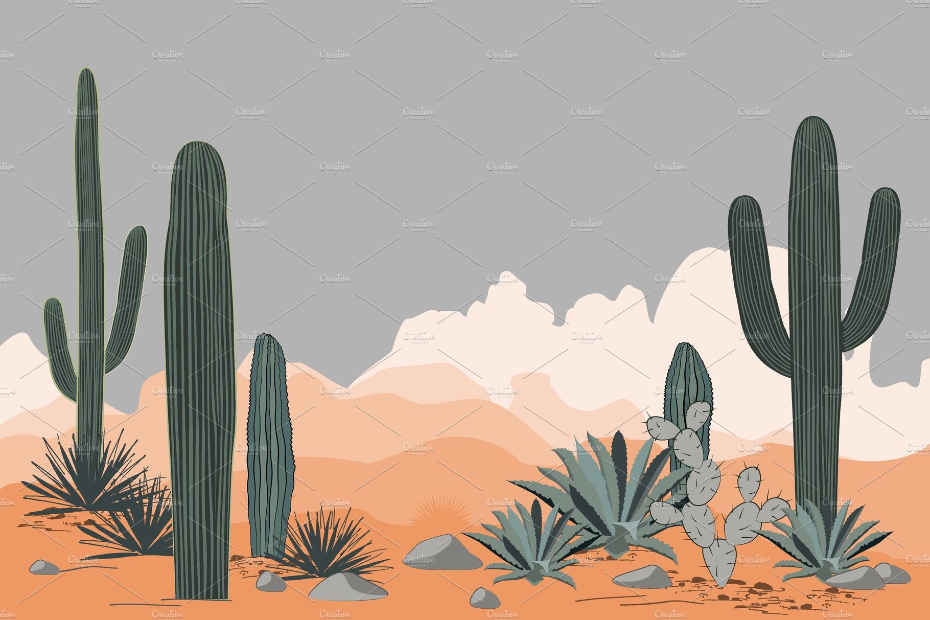 Desert scene with cacti and mountains in the background.