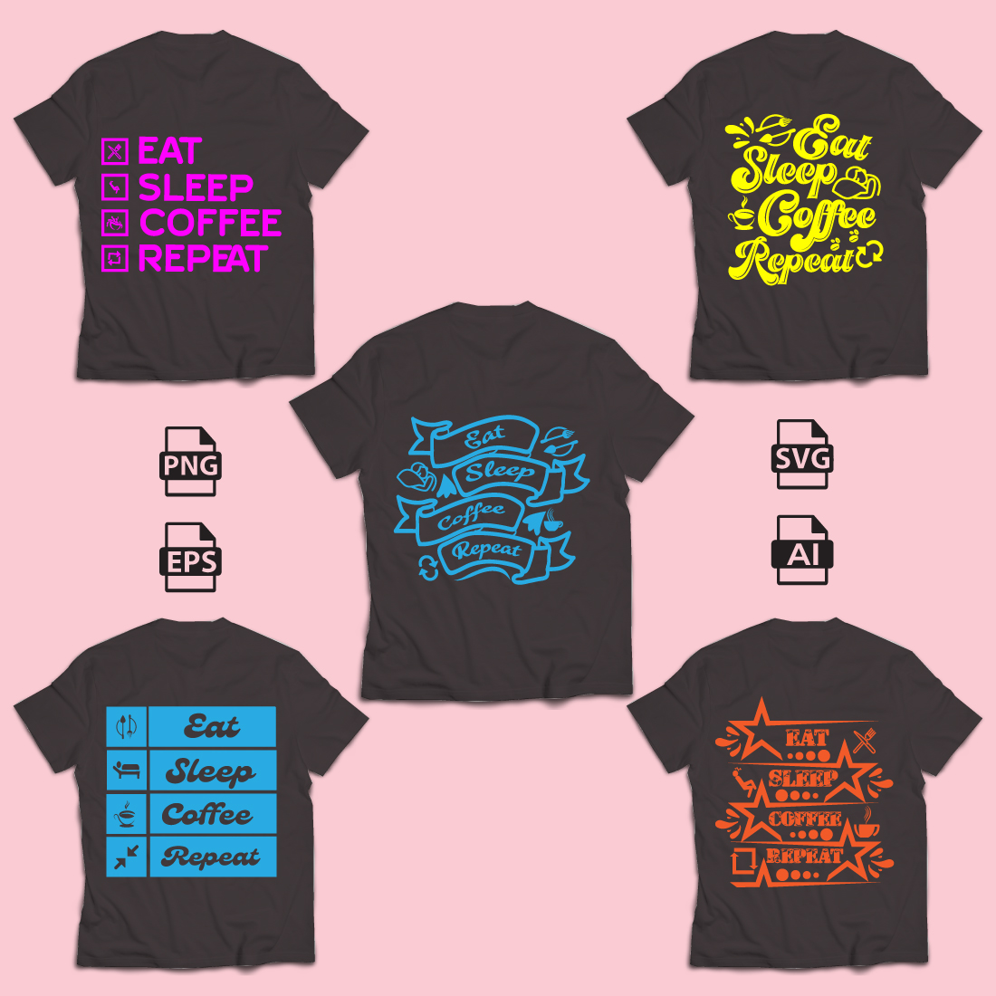 Eat Sleep Coffee Repeat Typography T-Shirt Design preview image.