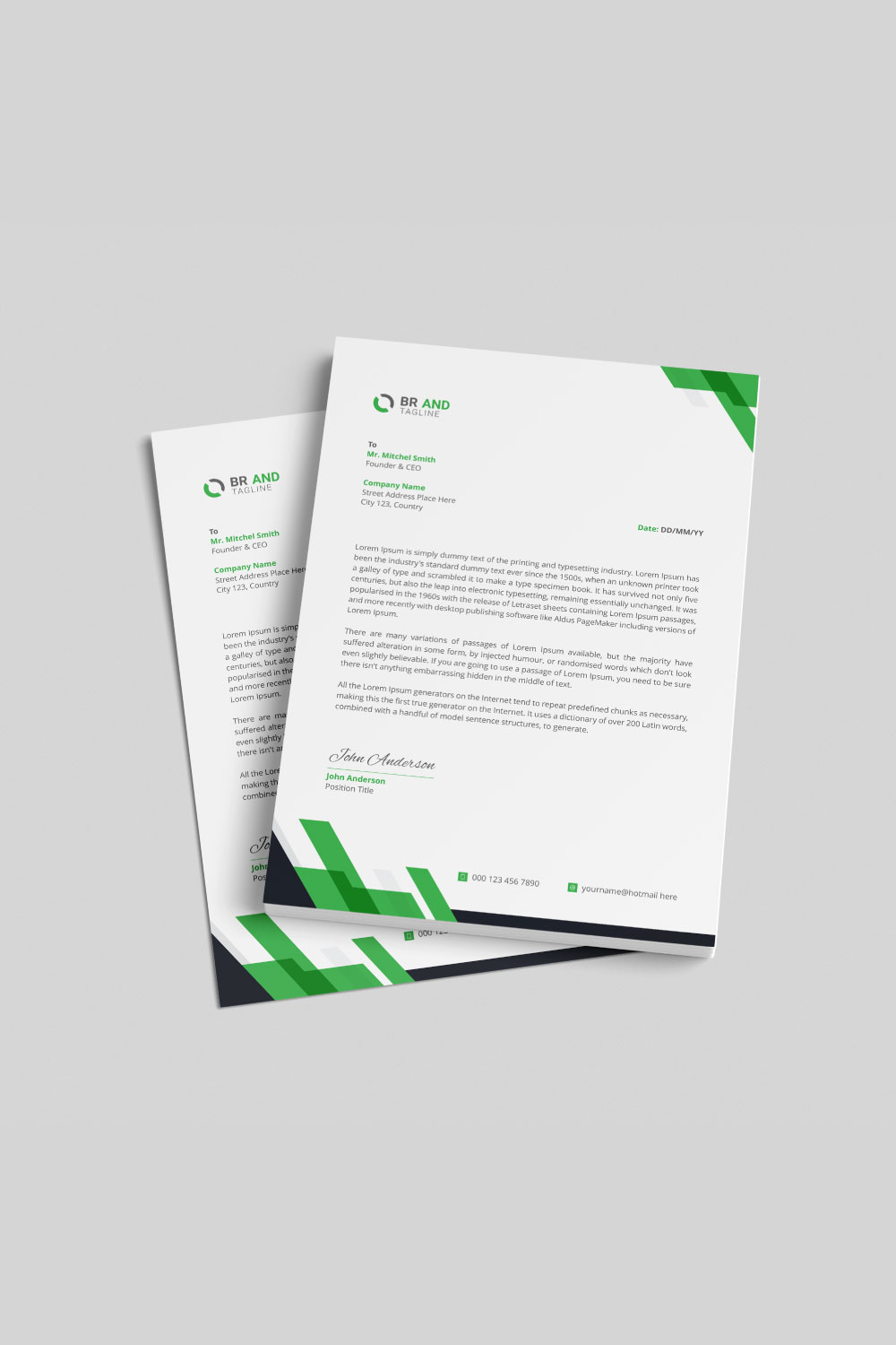 Two green and white letterheads on top of each other.