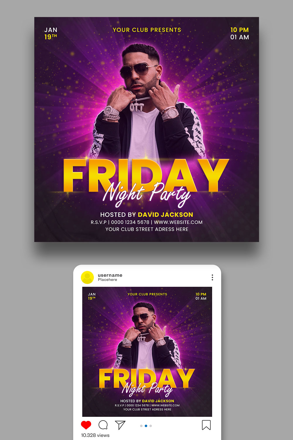 Friday music fest dj party flyer social media post design template pinterest preview image.