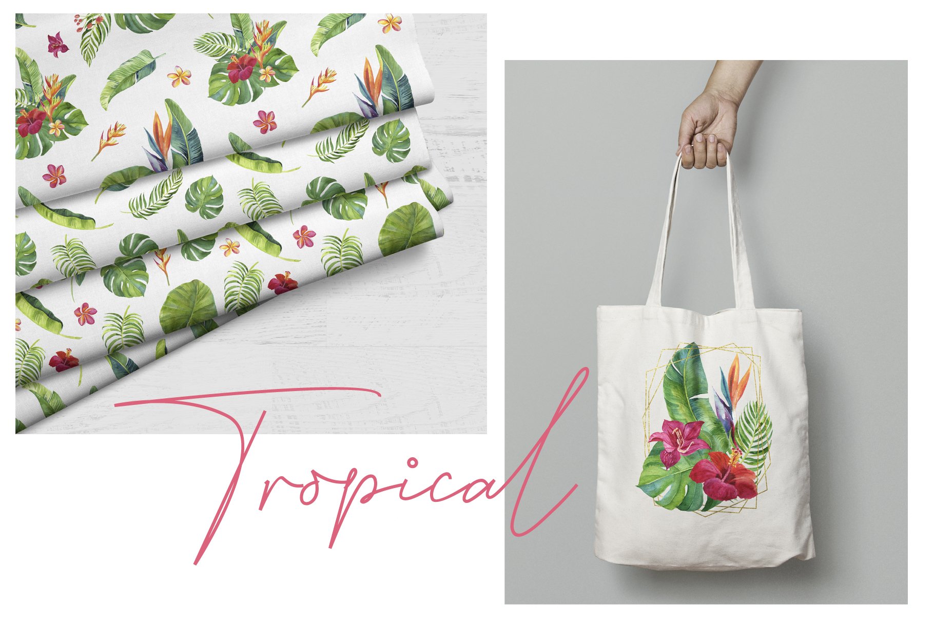Tote bag with tropical flowers and leaves on it.