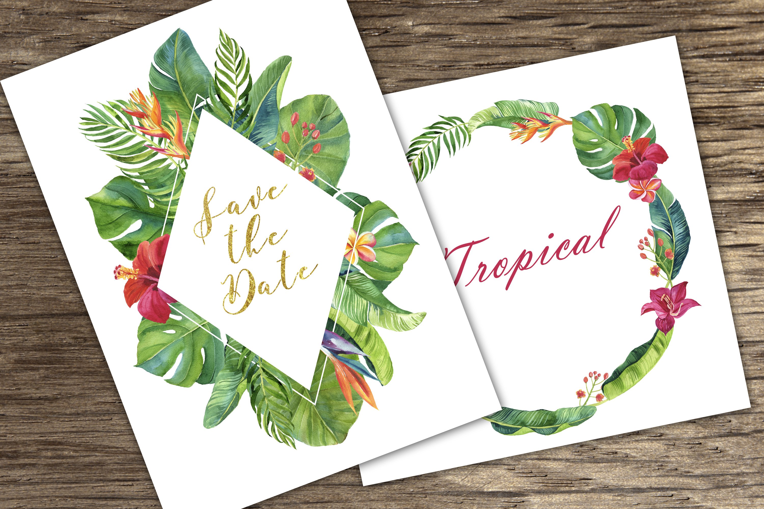 Two tropical themed save the date cards on a wooden table.