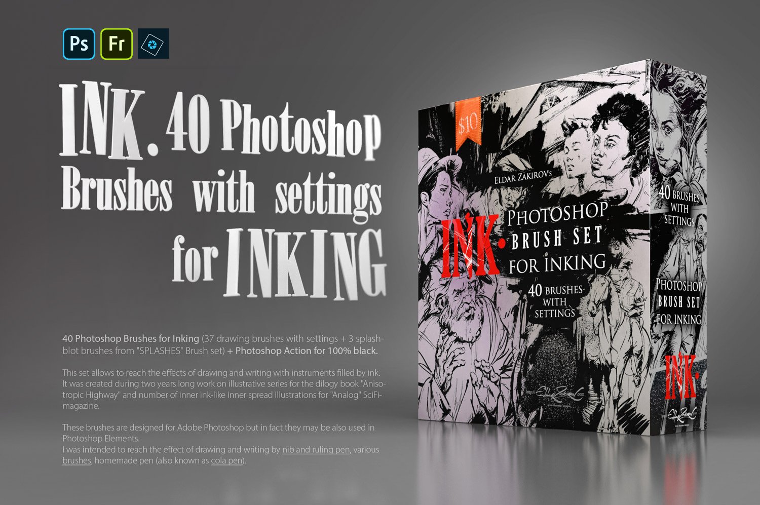 INK. 40 Photoshop Brushes for Inkingpreview image.