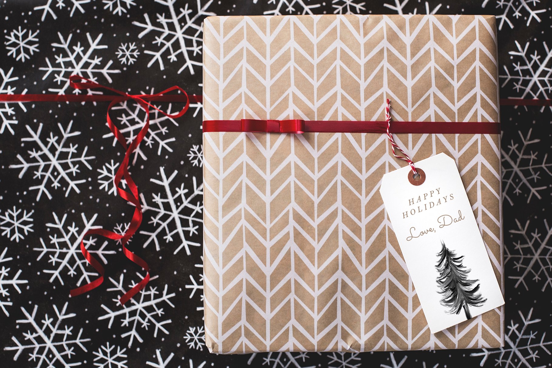 Gift wrapped in brown paper with a red ribbon.