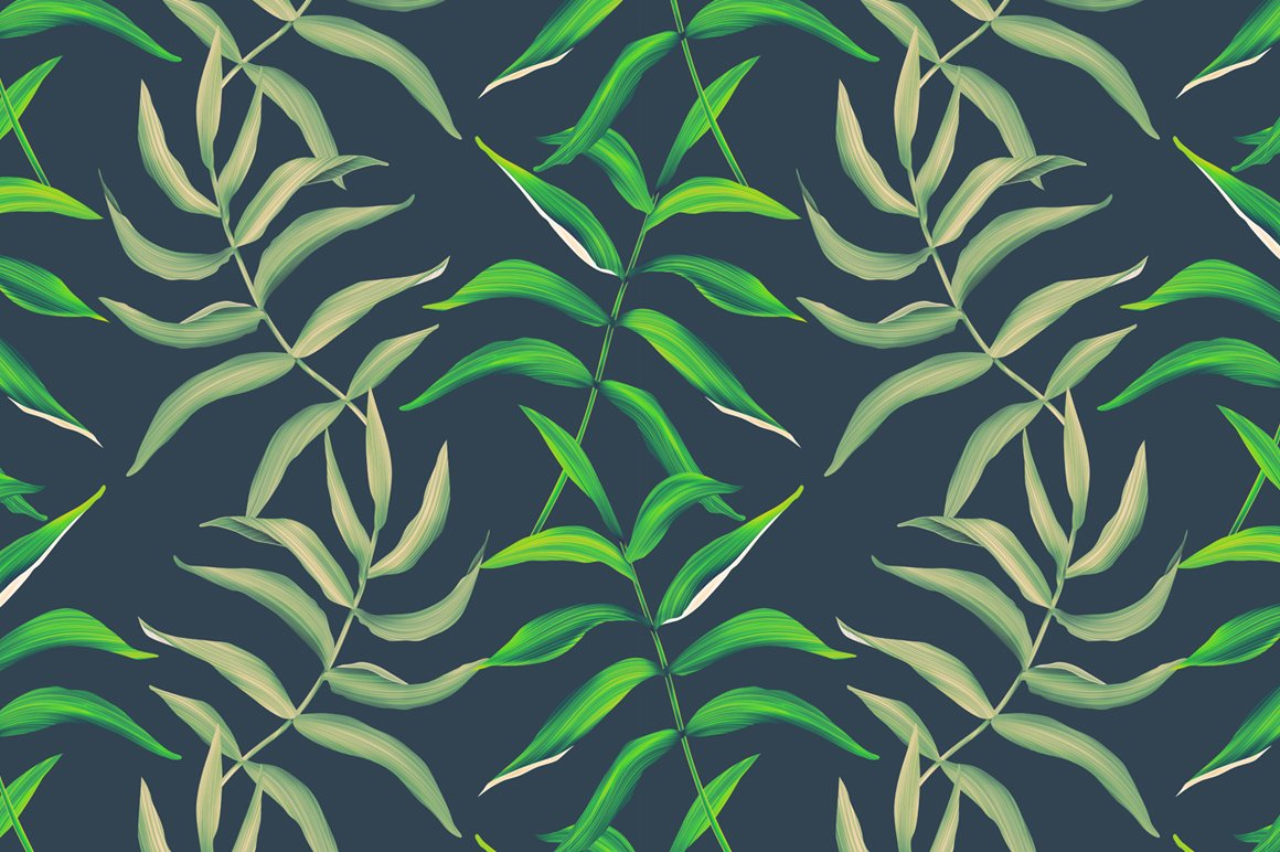 Pattern of green leaves on a dark background.
