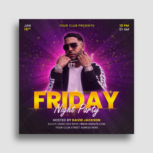 Friday music fest dj party flyer social media post design template cover image.