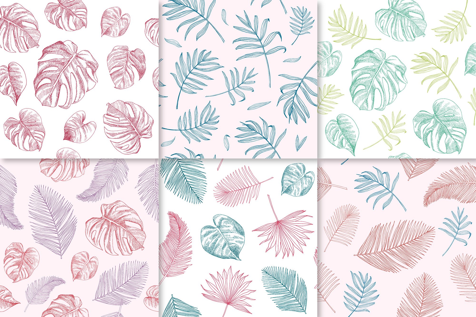 Set of four hand drawn tropical leaves.