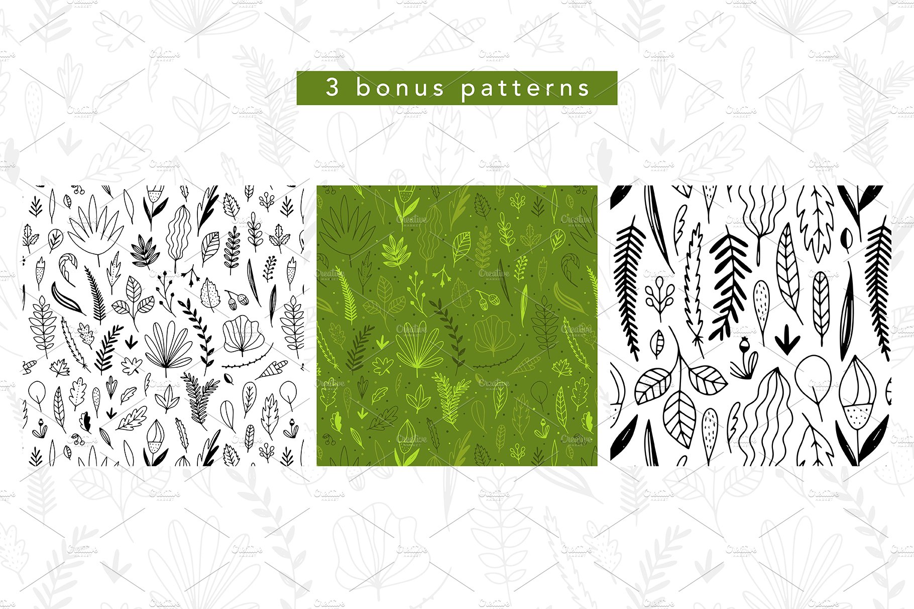 Three different patterns of plants and leaves.