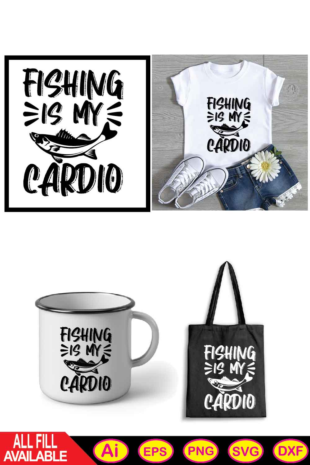 Fishing Is My Cardio t-shirt design pinterest preview image.
