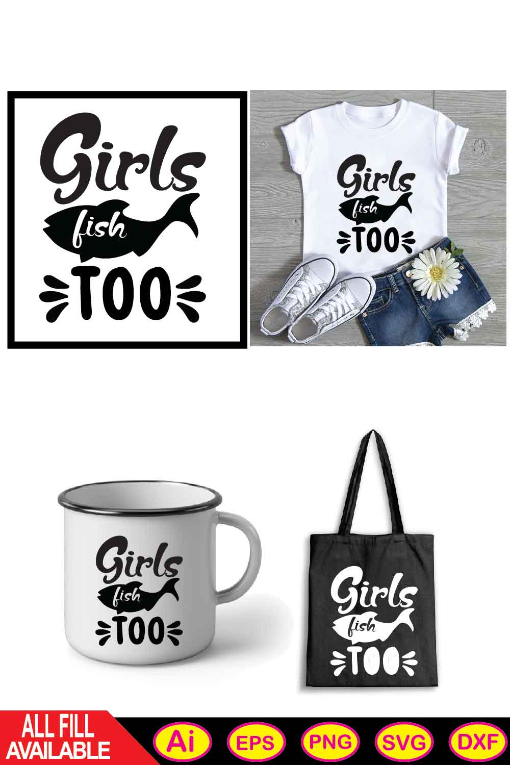 Girls fish too t-shirt pinterest preview image.
