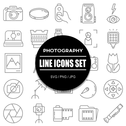 Photography Line Icon Set cover image.
