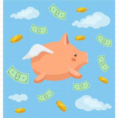 A pig flying through the air surrounded by money.