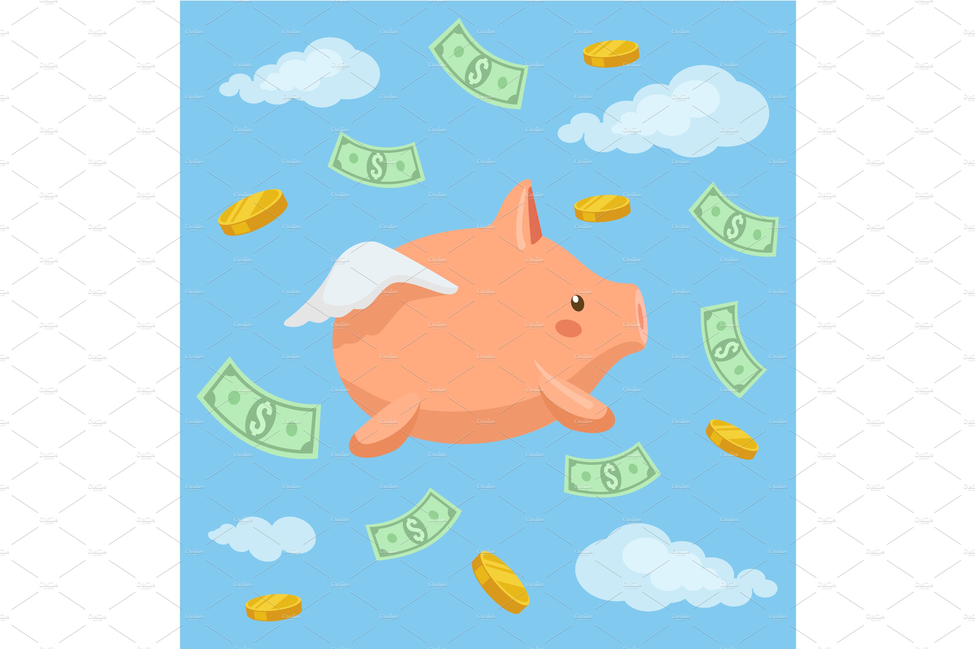 A pig flying through the air surrounded by money.