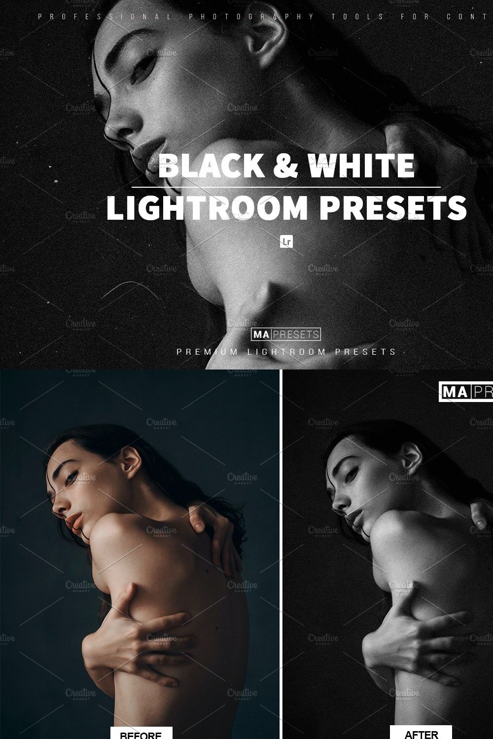10 BLACK and WHITE Lightroom Presets pinterest preview image.