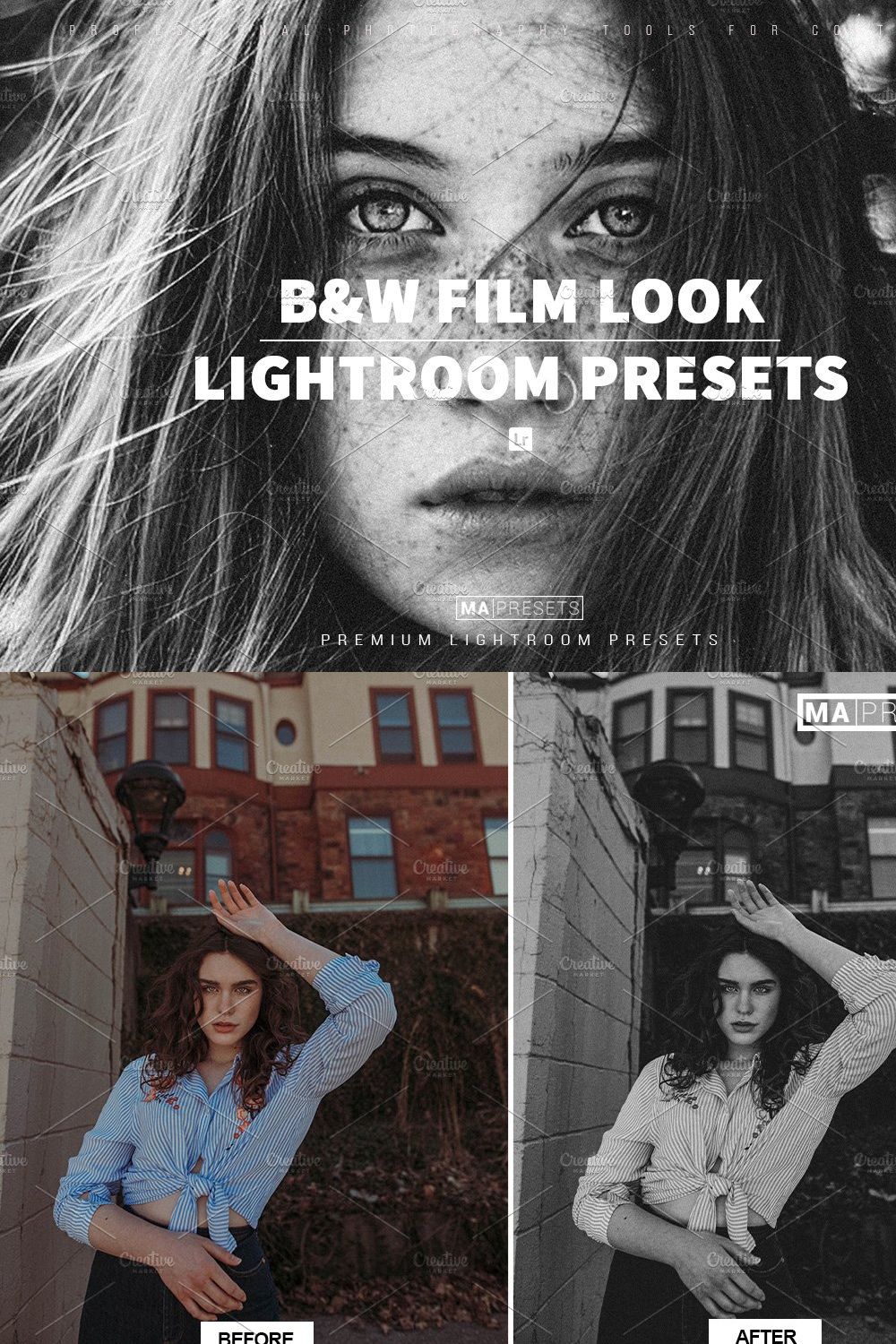 10 B&W FILM LOOK Lightroom Presets pinterest preview image.