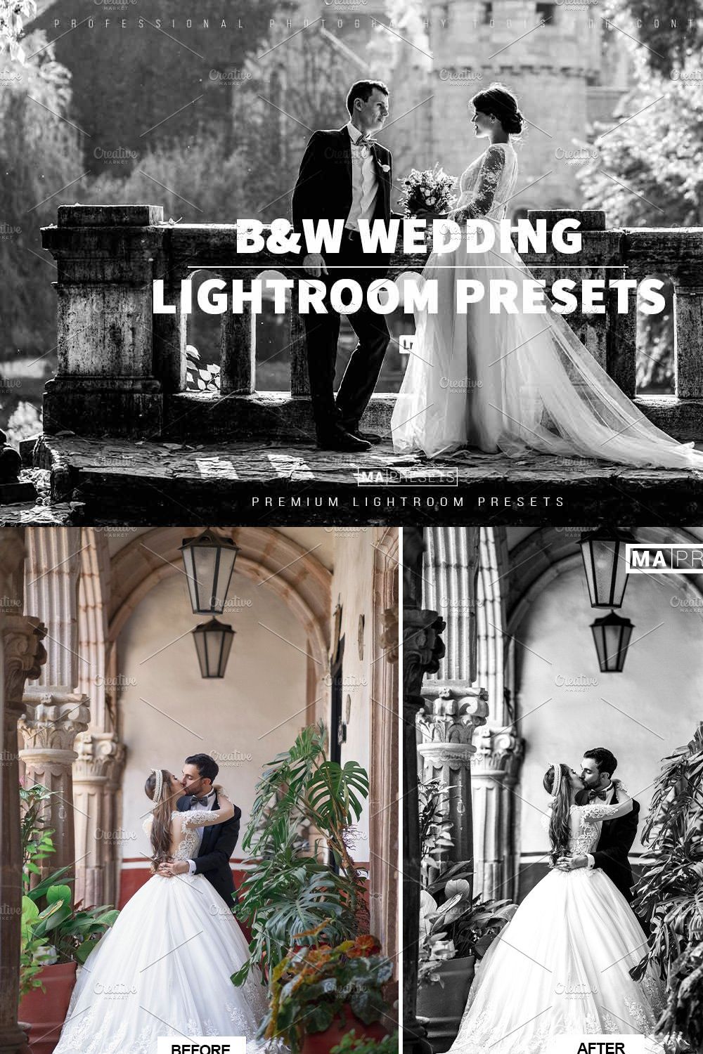 10 B&W Wedding Lightroom Presets pinterest preview image.