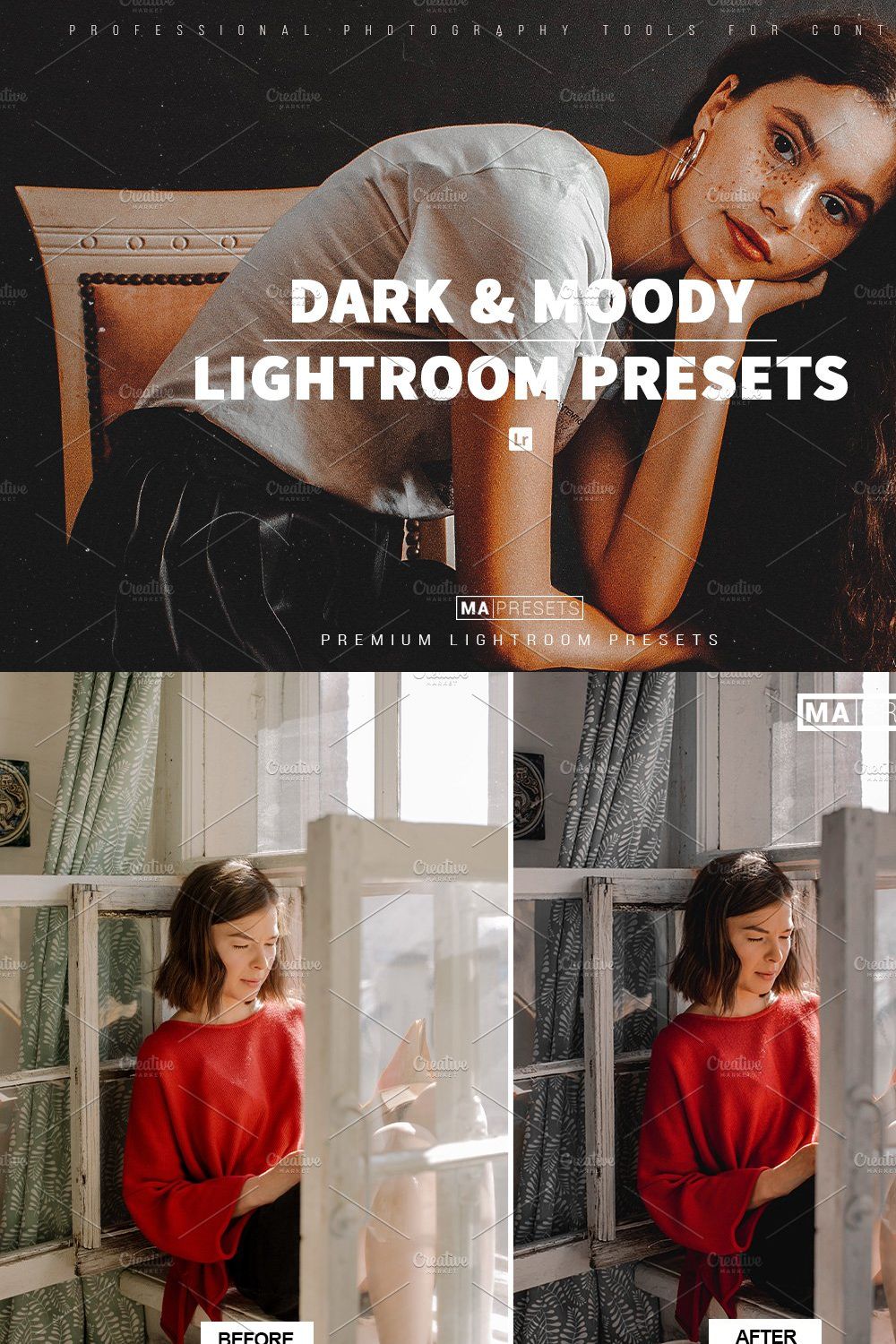 10 DARK & MOODY Lightroom Presets pinterest preview image.