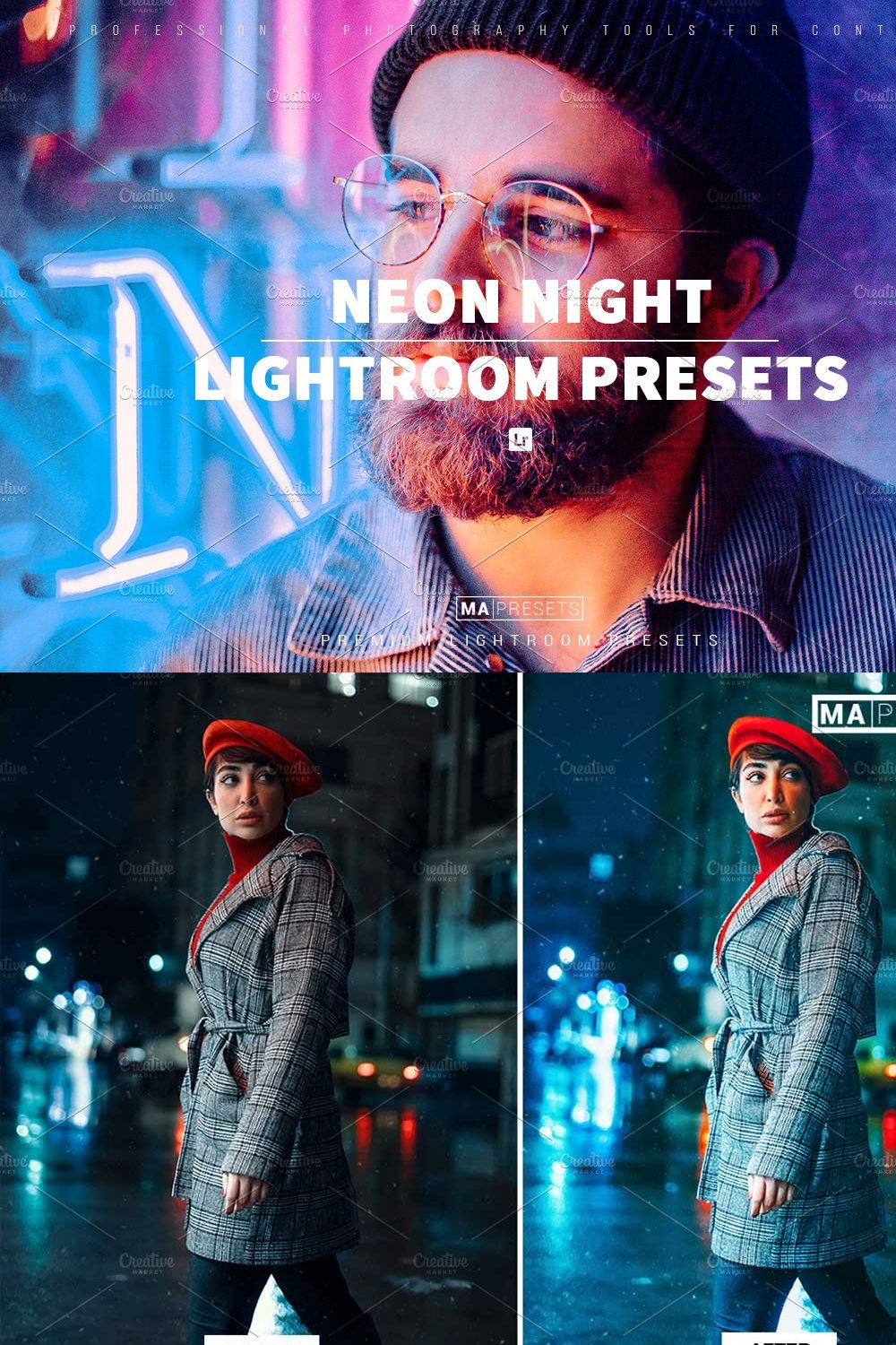 10 NEON NIGHT Lightroom Presets pinterest preview image.