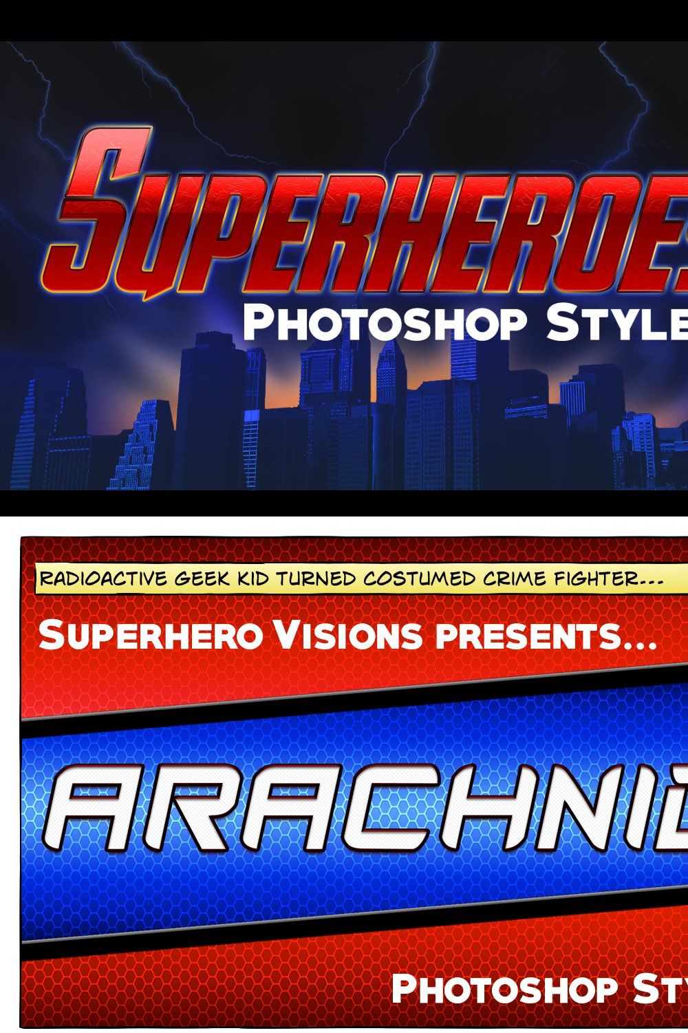 10 Photoshop Styles: Superheroes v1 pinterest preview image.