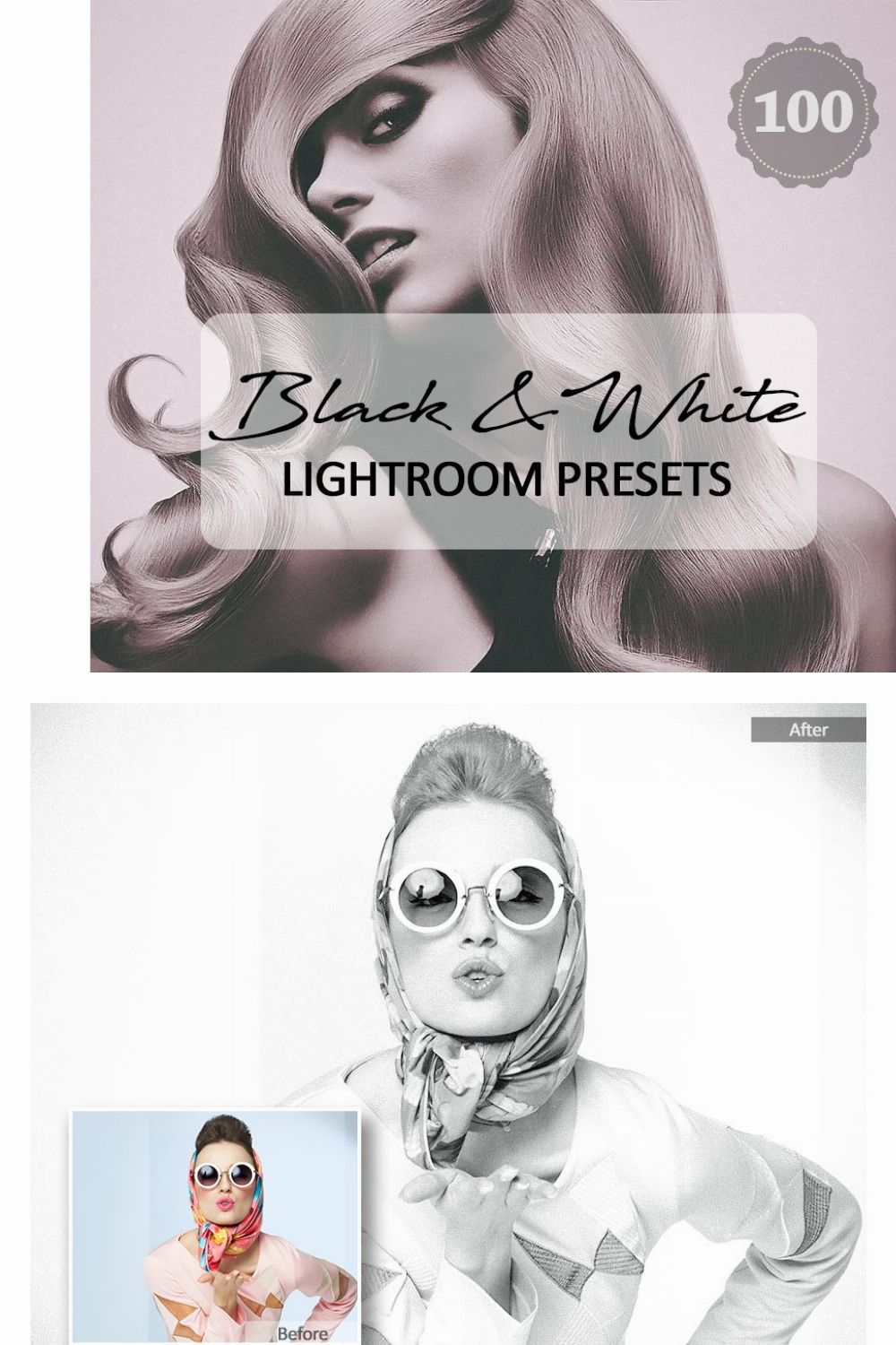 100 Black White Lightroom Presets pinterest preview image.