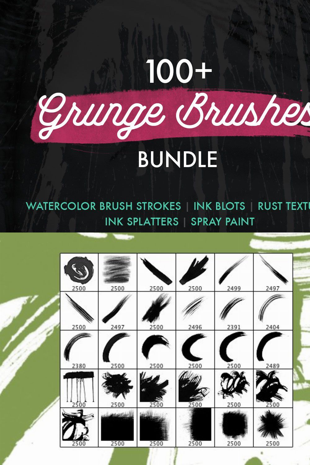 100+ Grunge Photoshop Brushes Bundle pinterest preview image.