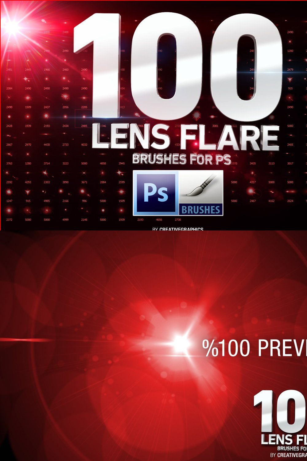 100 Lens Flare Brushes for Photoshop pinterest preview image.