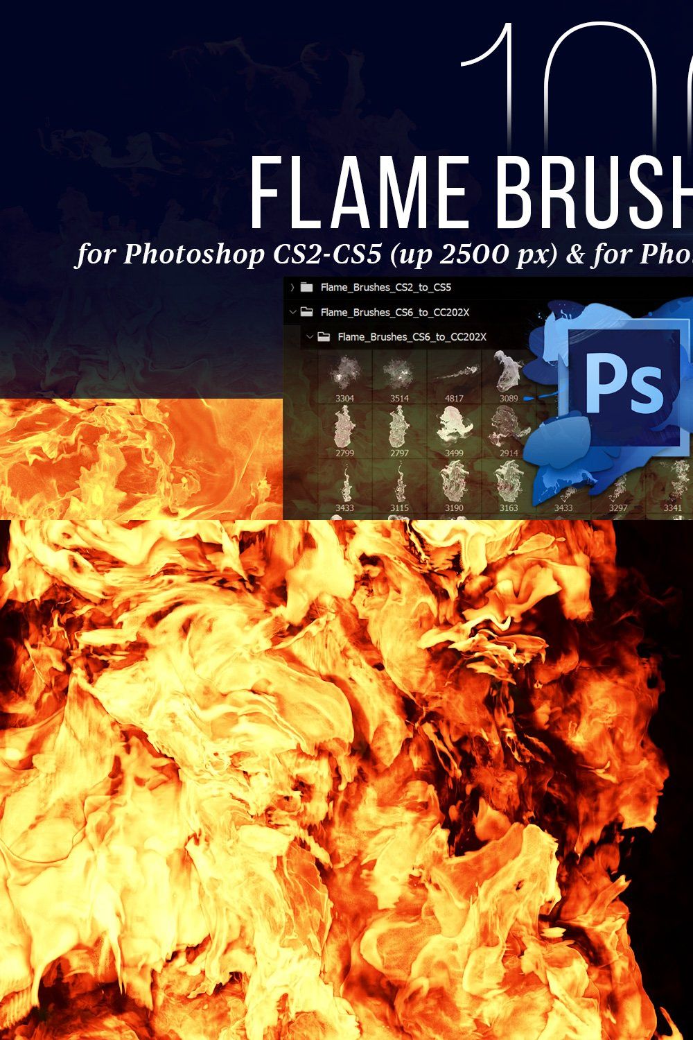 100 Photoshop Flame Brushes + PNGs pinterest preview image.