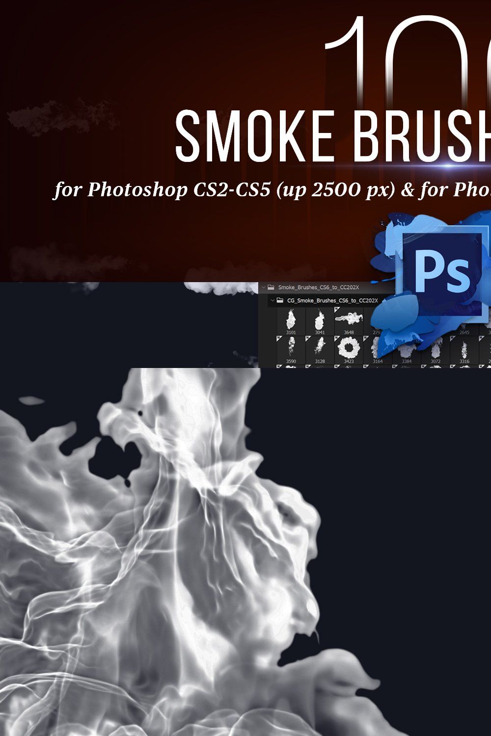 100 Photoshop Smoke Brushes + PNGs pinterest preview image.