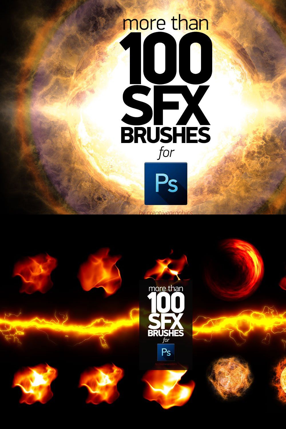 +100 PS SFX BRUSHES pinterest preview image.