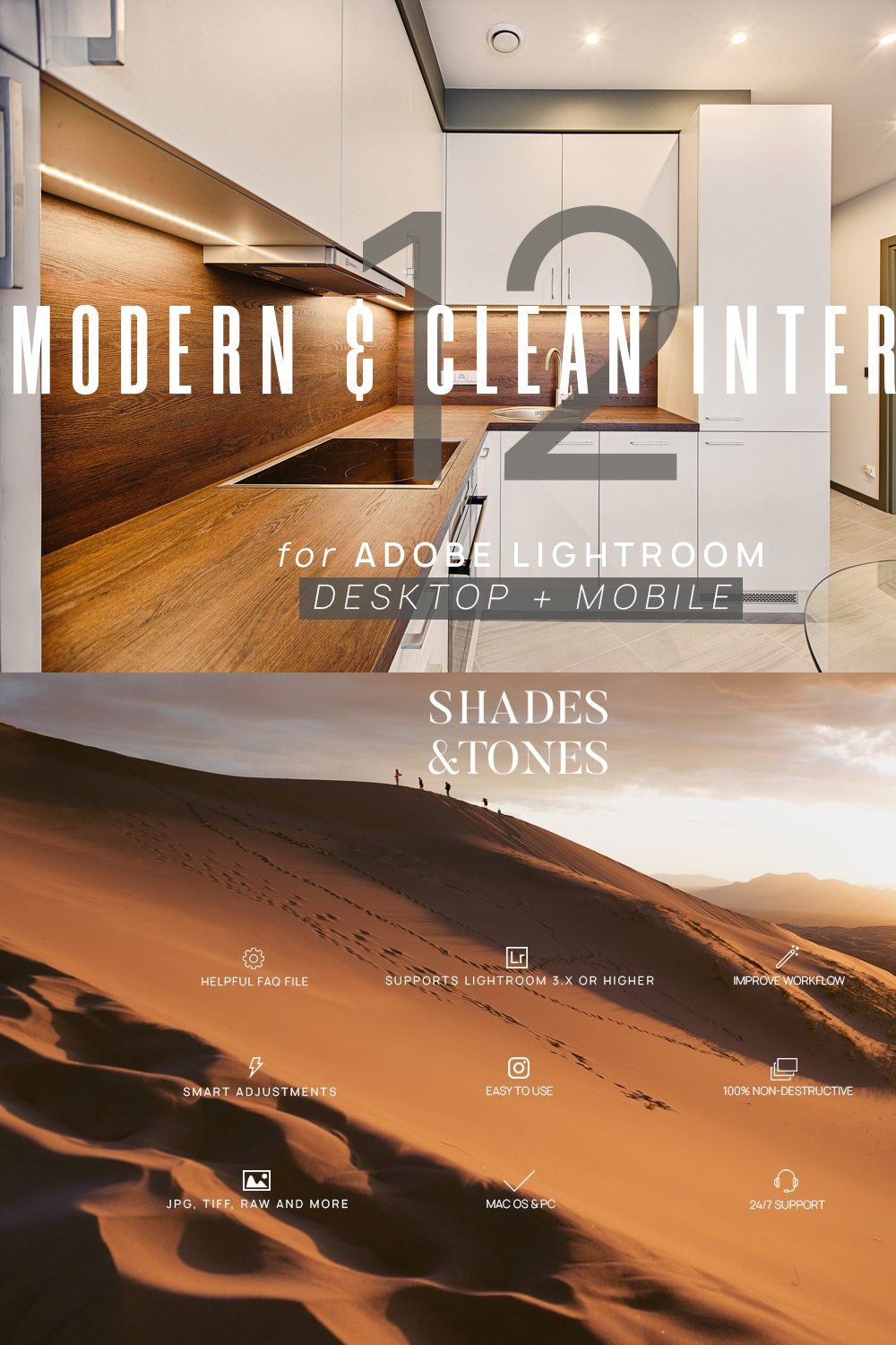 12 Modern Interior Presets + Mobile pinterest preview image.