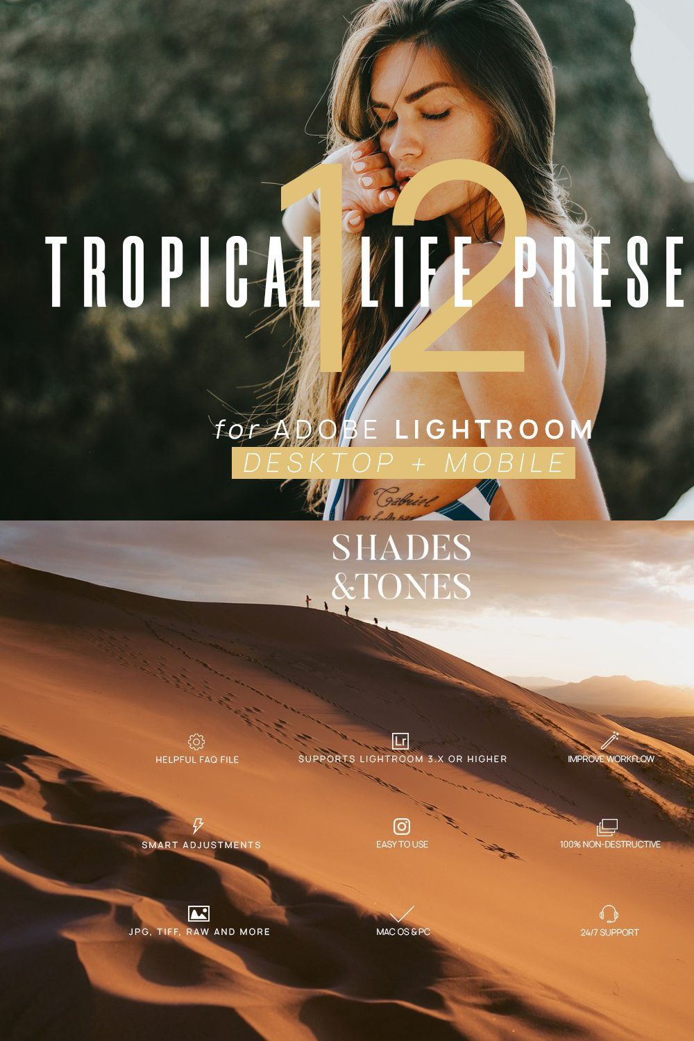 12 Tropical Life Presets + Mobile pinterest preview image.