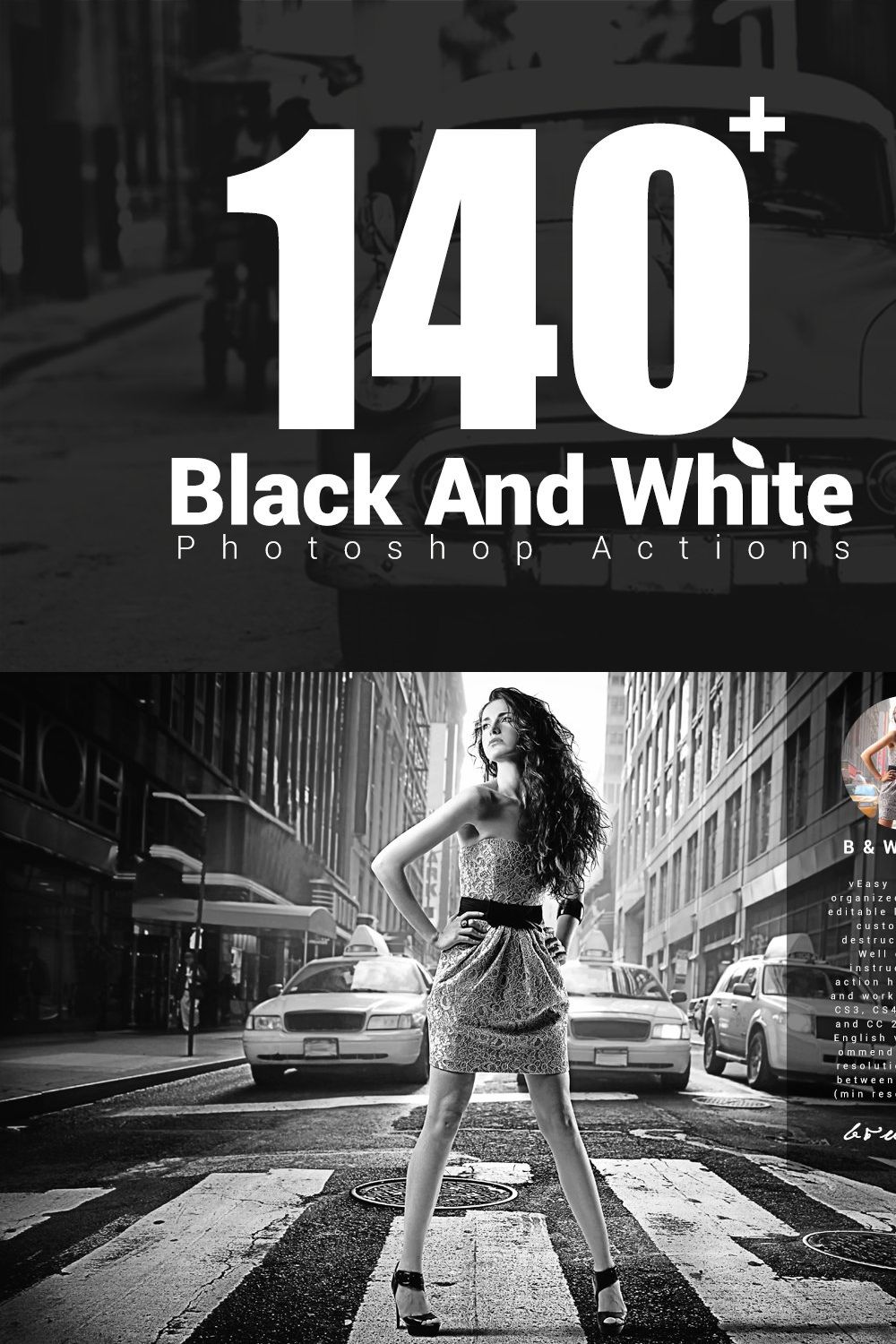 140+ Black & White Photoshop Action pinterest preview image.