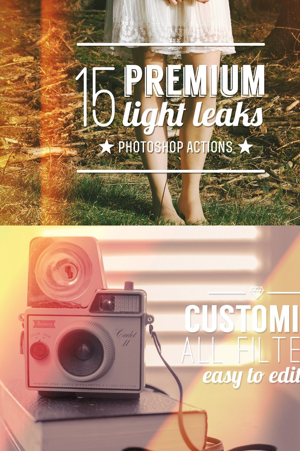 15 Premium Light Leak Actions pinterest preview image.