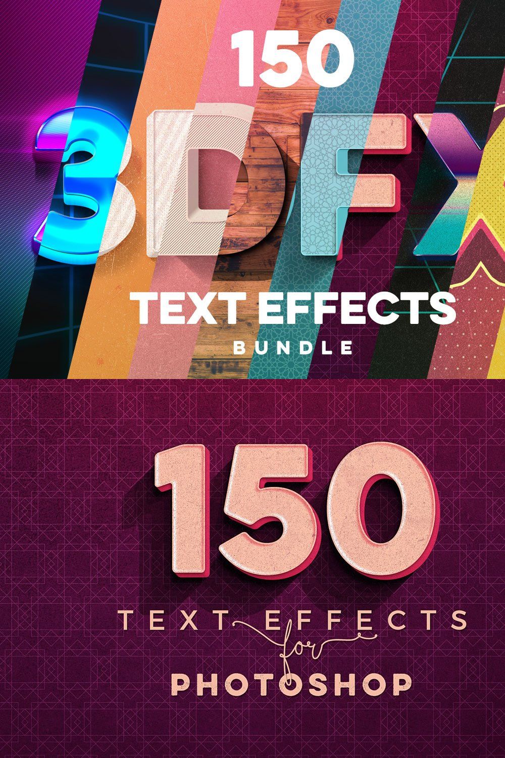 150 3D Text Effects for Photoshop pinterest preview image.