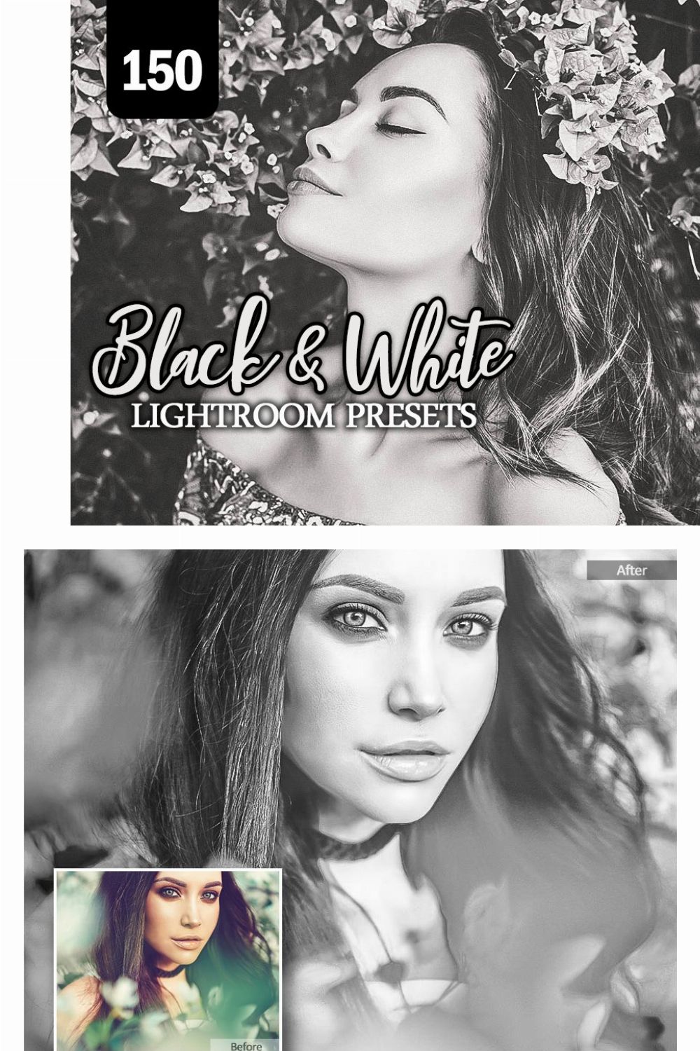 150 Black White Lightroom Presets pinterest preview image.