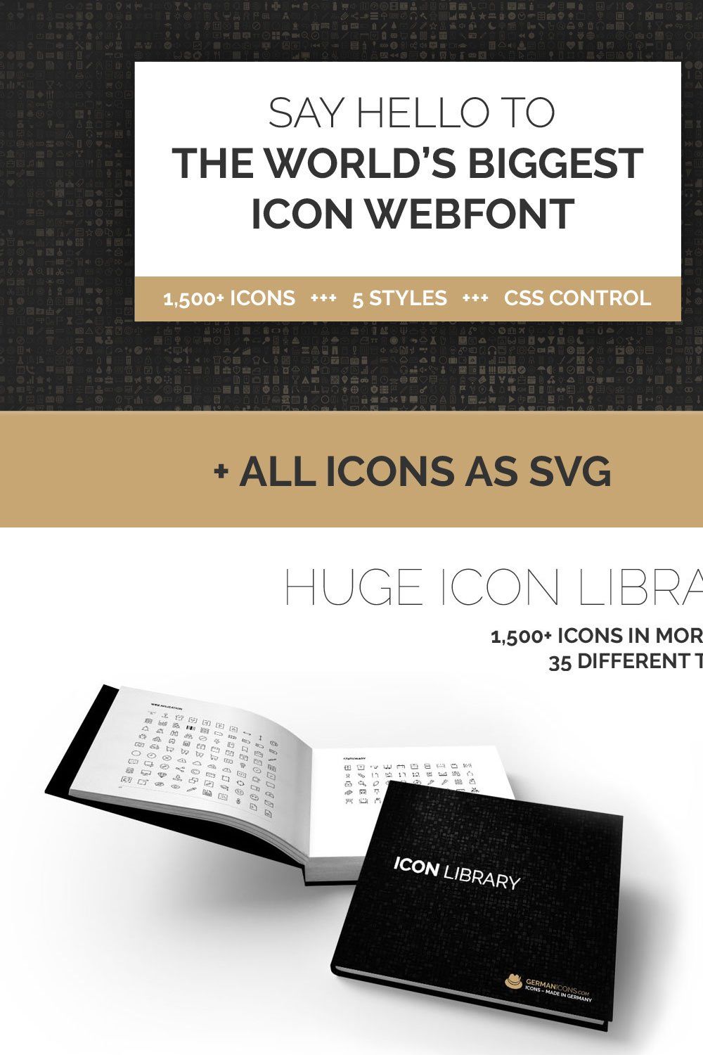 1500+ Icon Webfont in 5 Styles + SVG pinterest preview image.