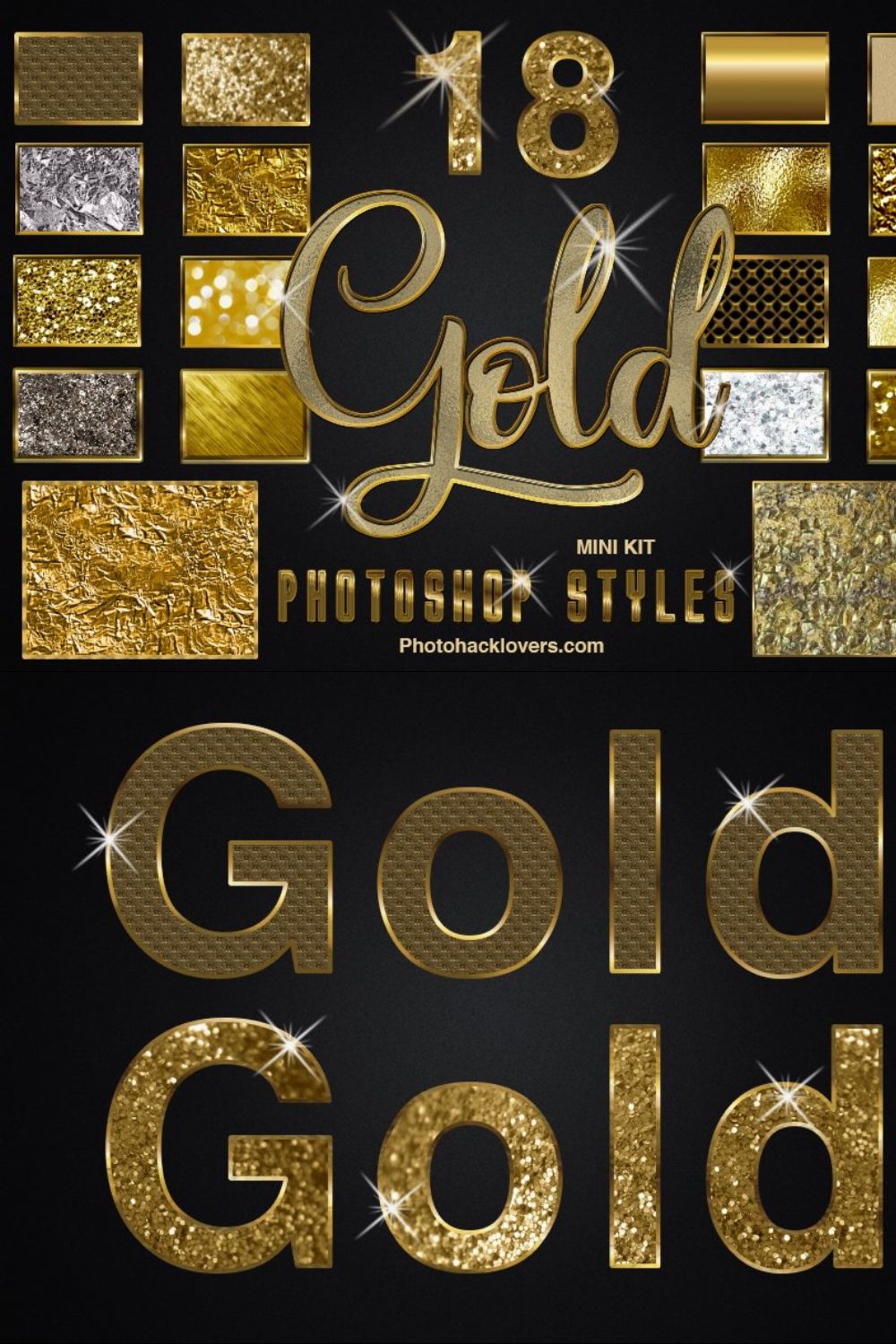 18 Gold Photoshop Styles Mini Bundle pinterest preview image.