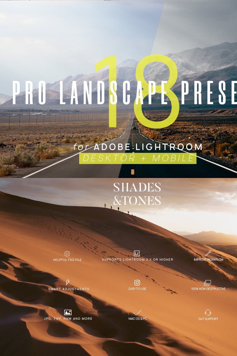 18 Pro Landscape Presets Lightroom pinterest preview image.