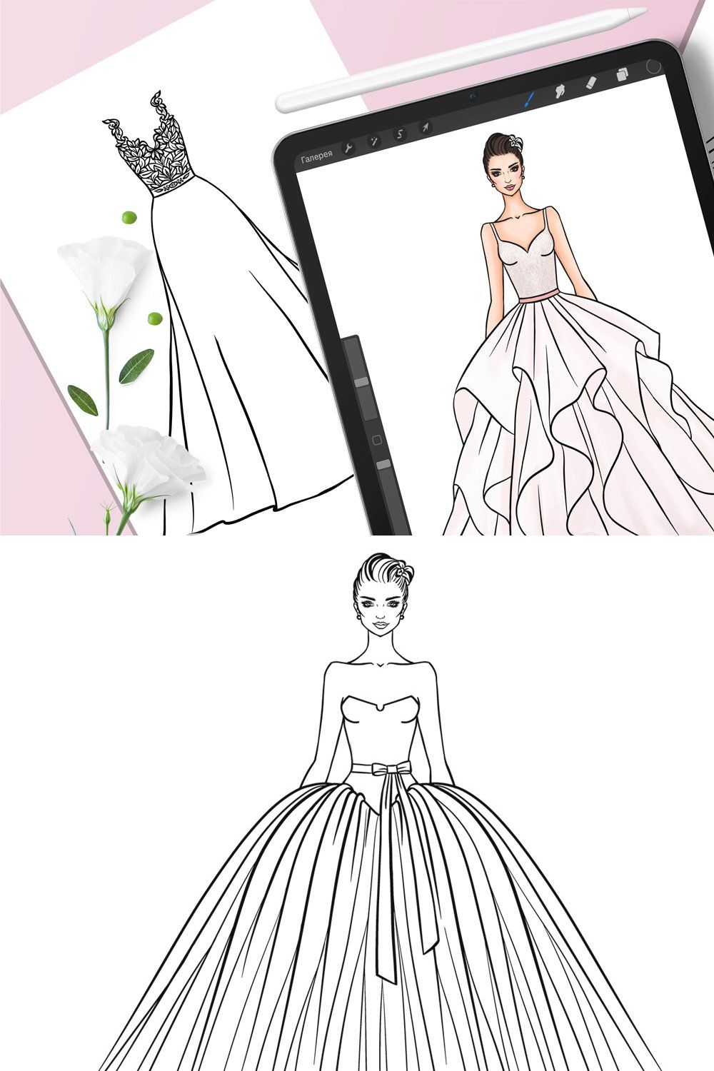 20 Wedding Dresses Procreate Stamps pinterest preview image.