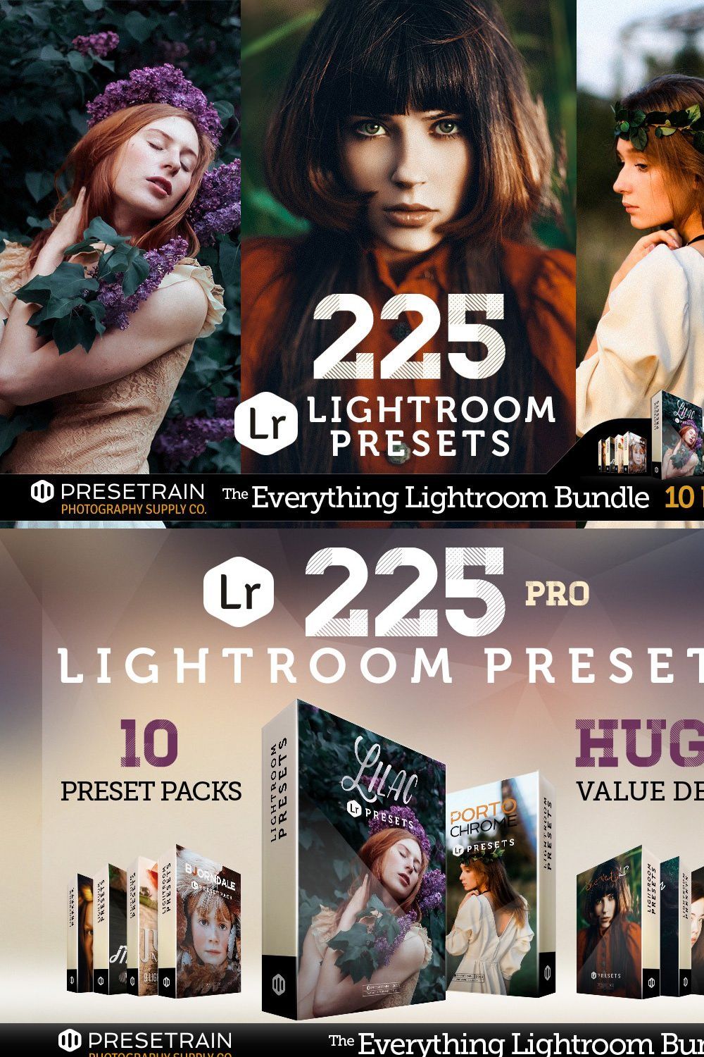 225 Lightroom Presets Bundle pinterest preview image.