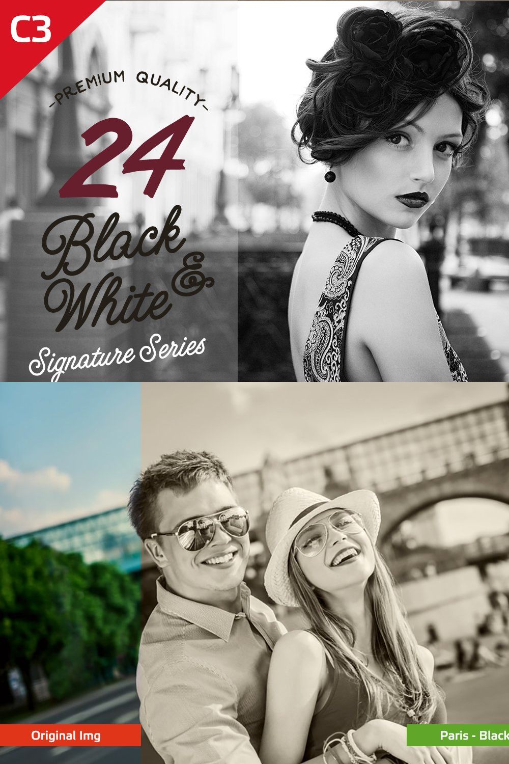 24 Black & White Photoshop Actions pinterest preview image.