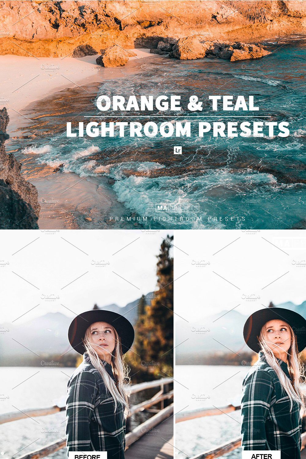 30 ORANGE & TEAL Lightroom Presets pinterest preview image.