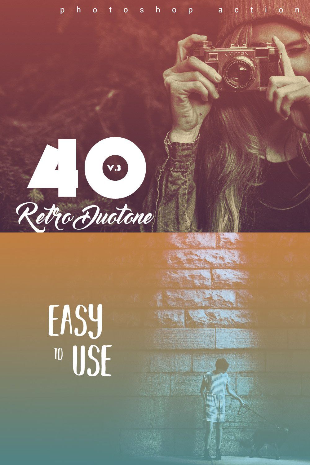 40 Retro Duotone Actions V.3 pinterest preview image.