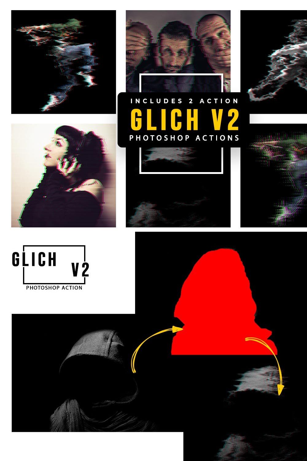 40%SALE! Glitch V2 Photoshop Action pinterest preview image.