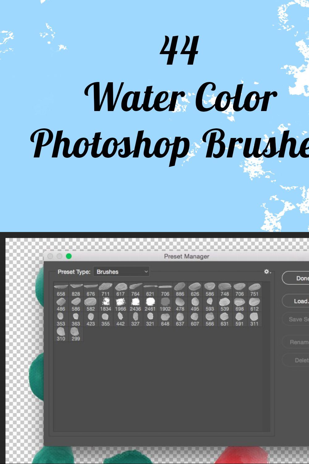 44 Water Color Brushes for Photoshop pinterest preview image.
