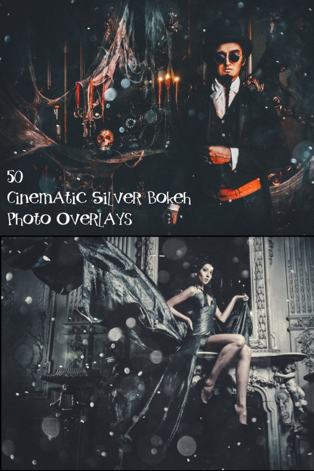 50 Cinematic Silver Bokeh Overlays pinterest preview image.