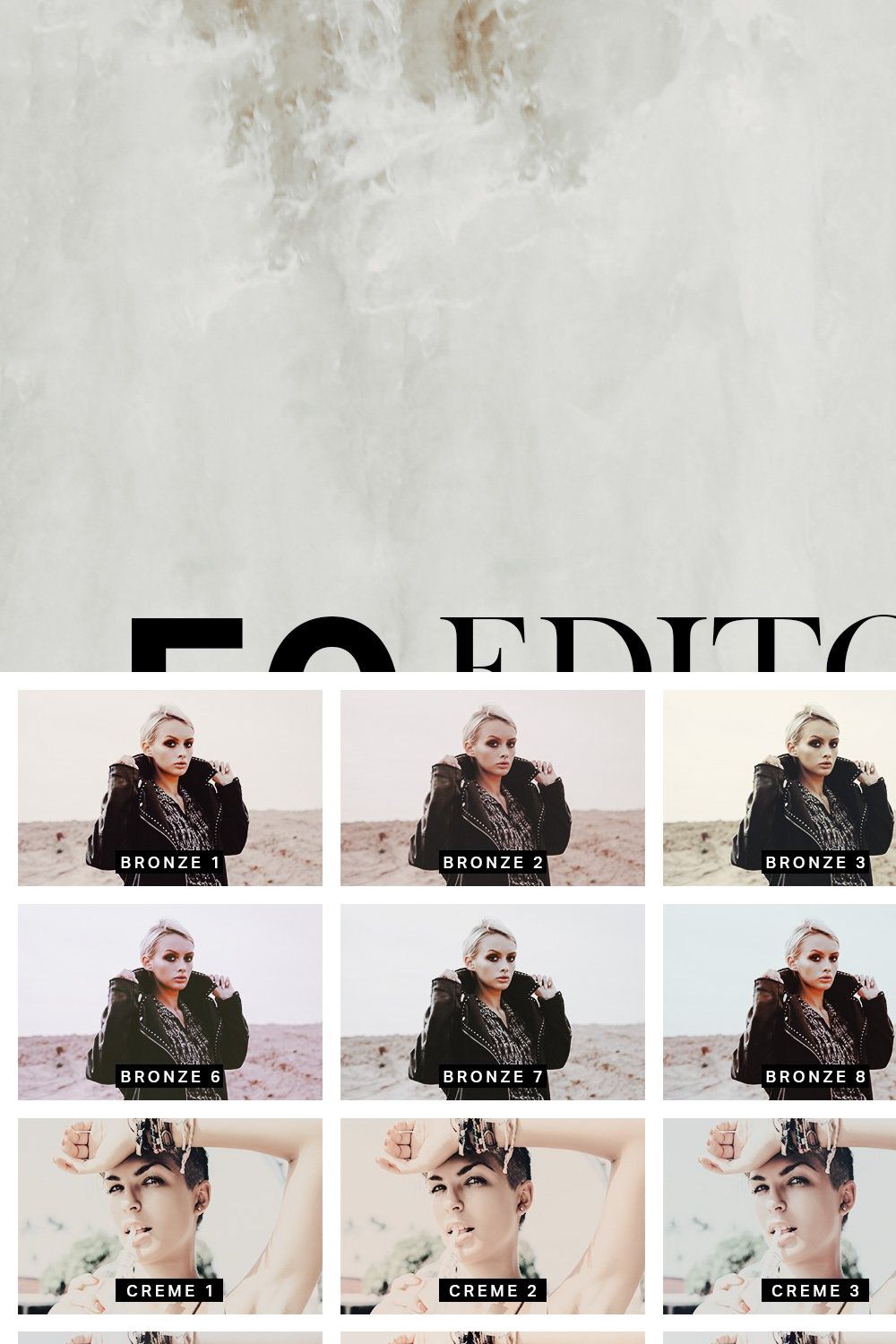 50 Editorial Lightroom Presets +LUTs pinterest preview image.