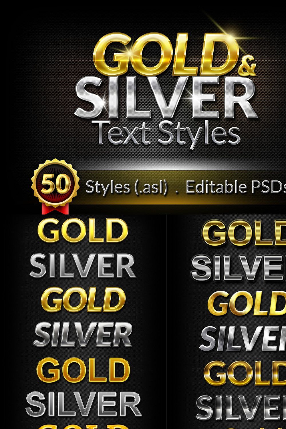 50 Gold & Silver Text Styles pinterest preview image.
