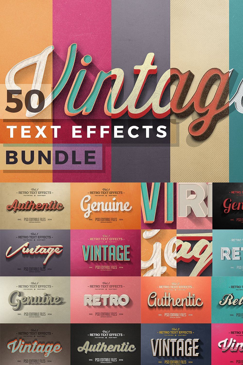50 Vintage Text Effects Bundle pinterest preview image.